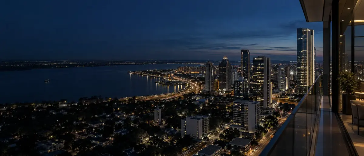 Asunción's high-rise district and the bay of the Paraguay River at blue hour, seen from a high-floor terrace