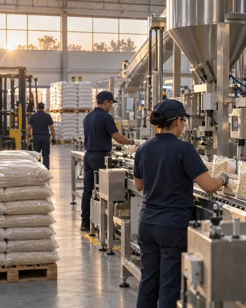 Workers in navy uniforms at a packaging line in a bright production plant