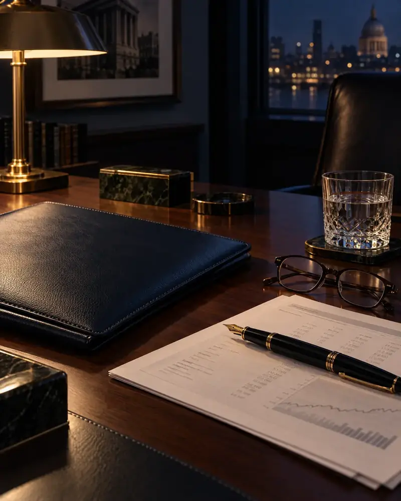 Private office desk at night with a leather folio, a fountain pen and a printed portfolio statement