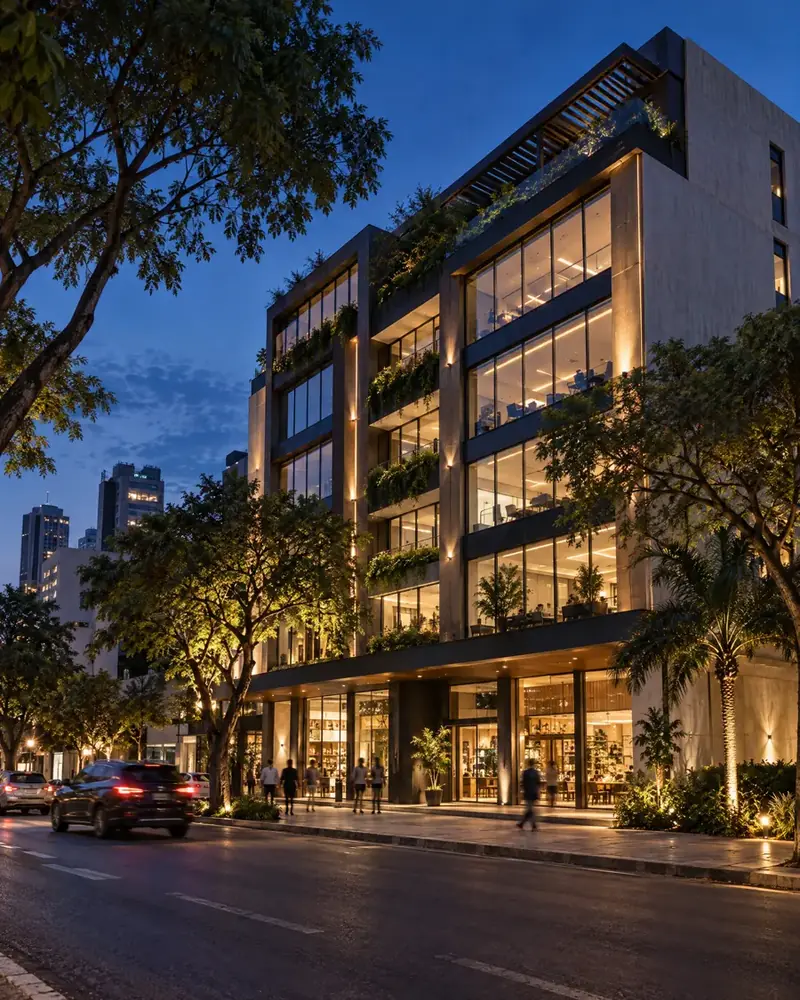 Modern commercial building with ground-floor shops on a tree-lined avenue at dusk