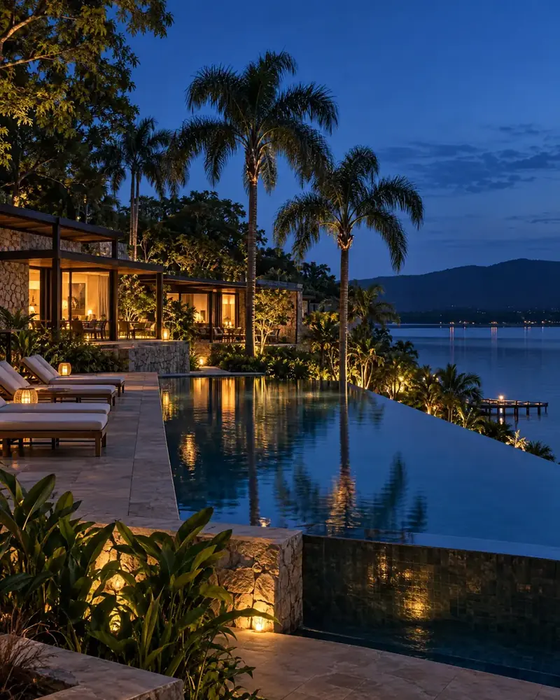 Lakeside lodge with palms and an infinity pool at blue hour