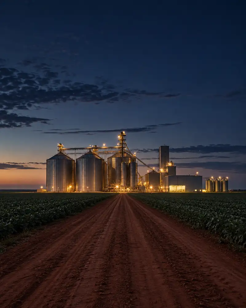 Grain silos and an agro-industrial plant on flat farmland in eastern Paraguay at blue hour
