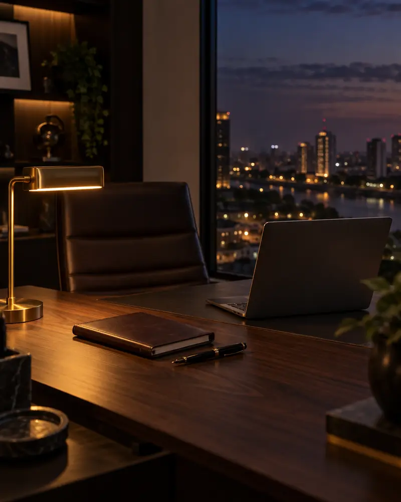 Private office desk at dusk with city lights beyond