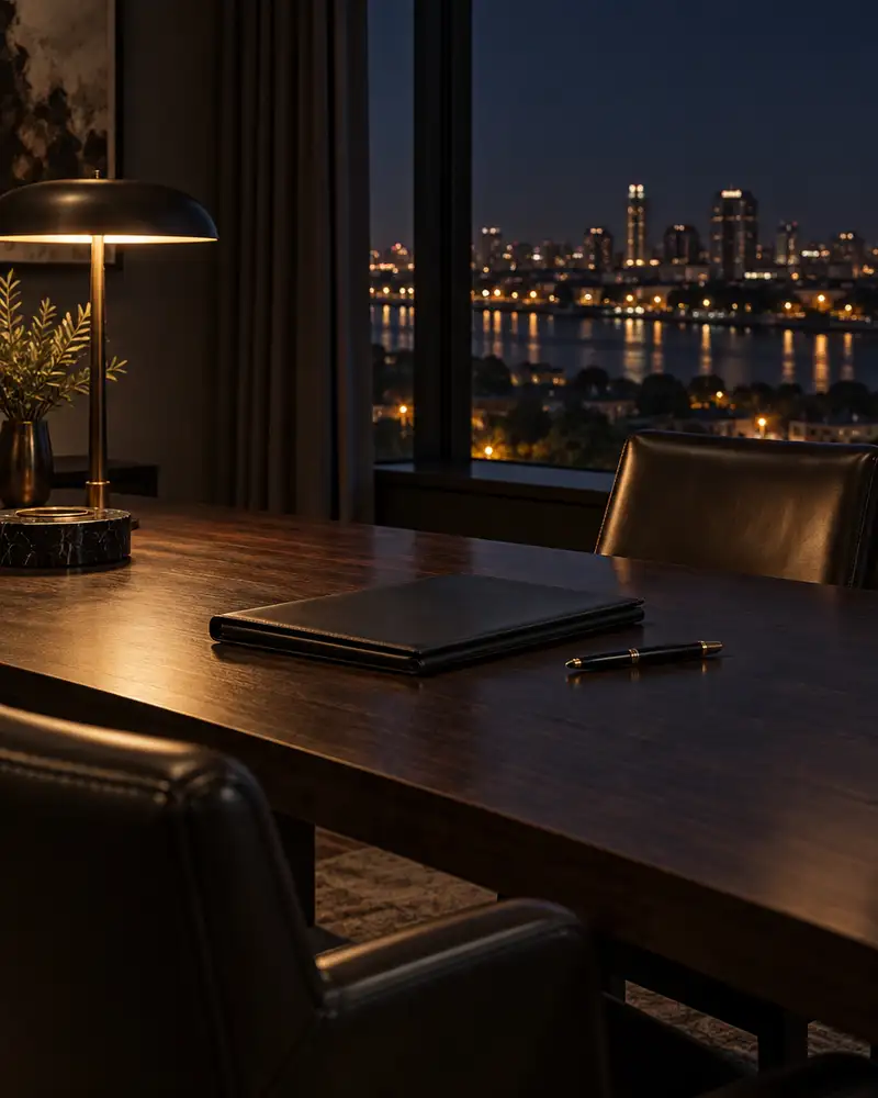 Private meeting room at night with a walnut table, leather chairs and city lights through the window