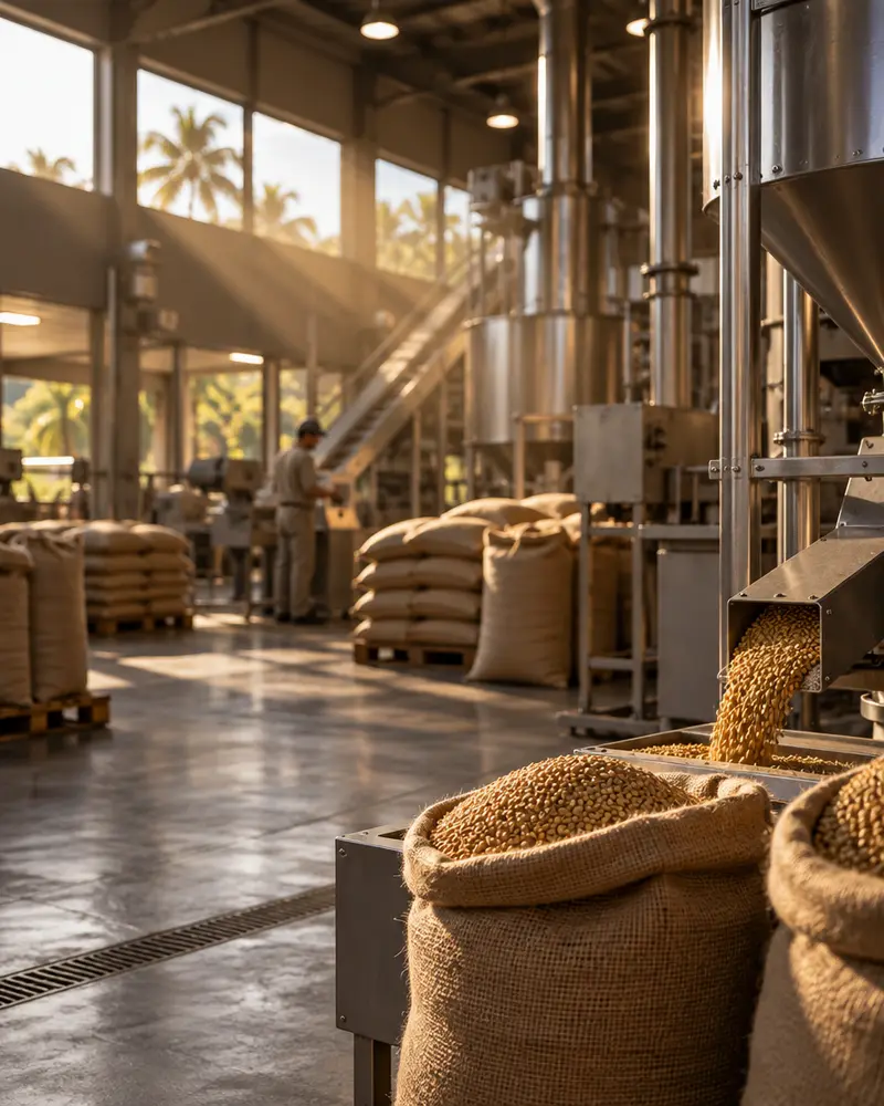Agricultural processing workshop with grain sacks