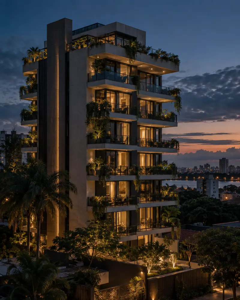 Modern residential building in Asunción at blue hour