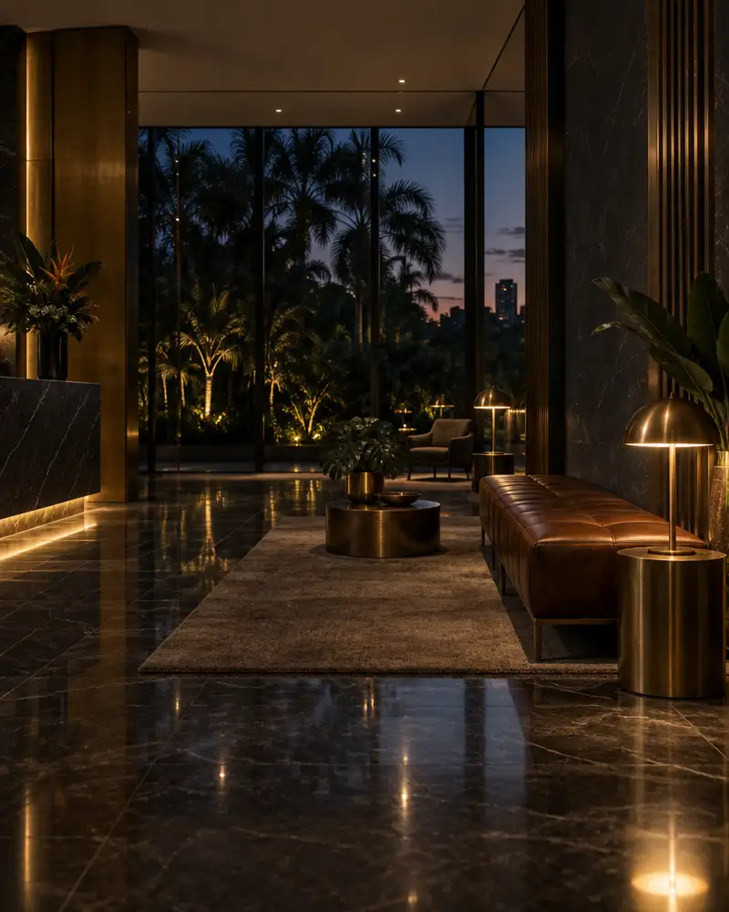 Lobby of a modern residential building in Asunción at dusk with dark stone, brass and warm lamplight