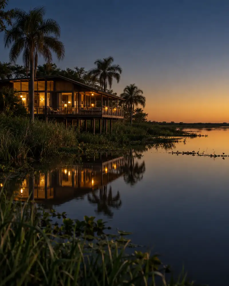 Timber eco-lodge on stilts beside a calm river in Paraguay's wetlands at dusk