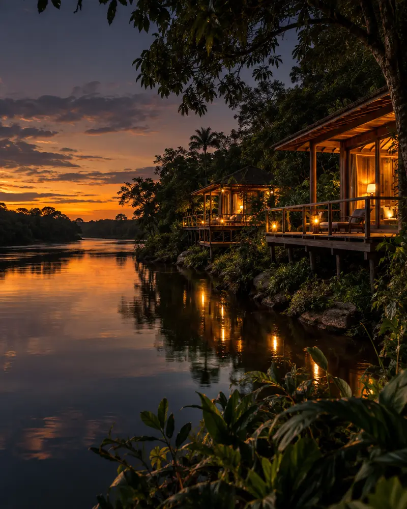 Riverside eco-lodge in Paraguayan nature at dusk