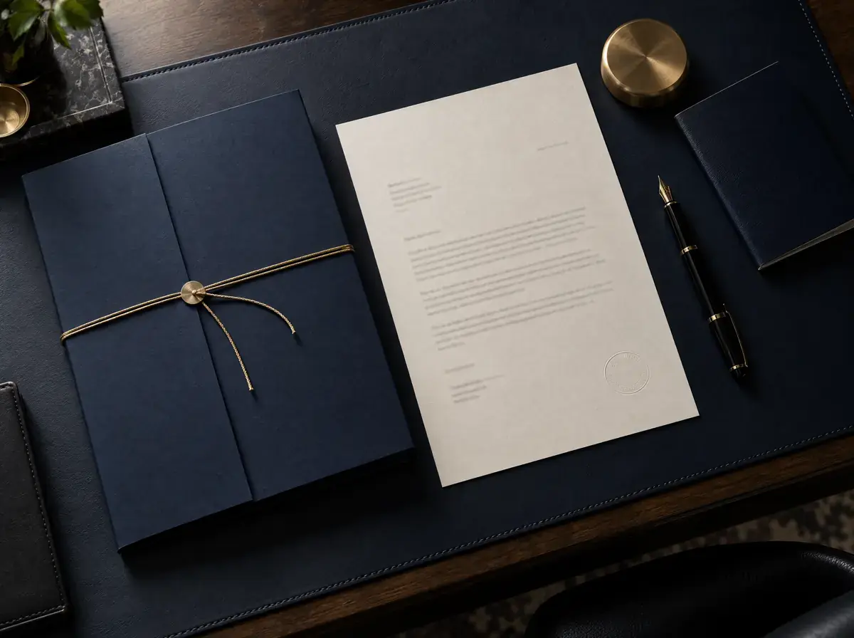A navy folder tied with gold cord beside a signed cover letter on a dark leather desk